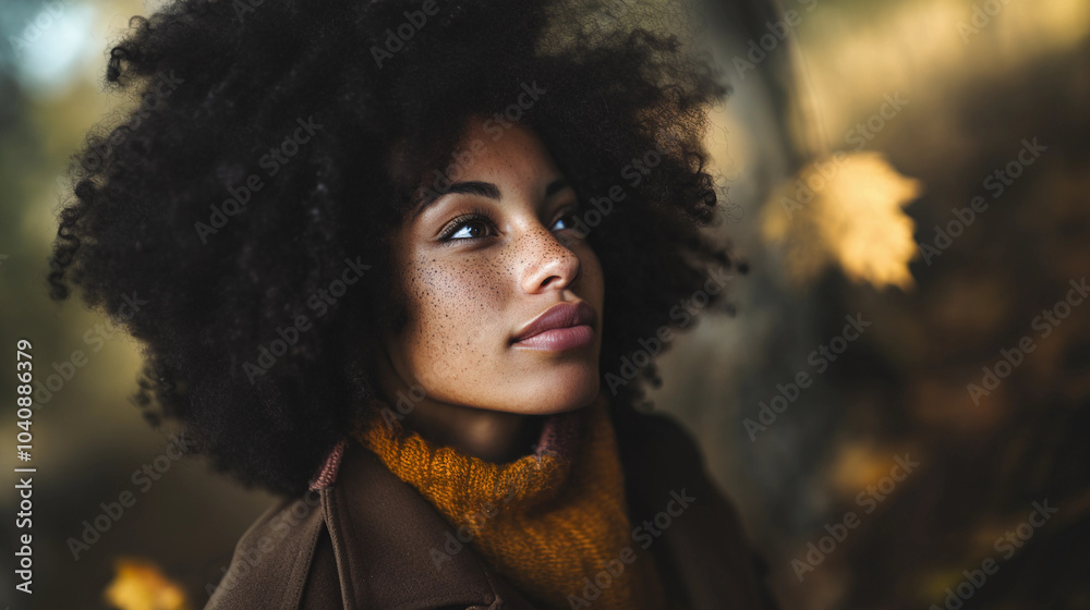 A woman with curly hair dressed in fall turtleneck sweater and brown coat looks off camera autumn season cold weather A woman with curly hair dressed in fall turtleneck sweater and brown coat looks off camera autumn season cold weather