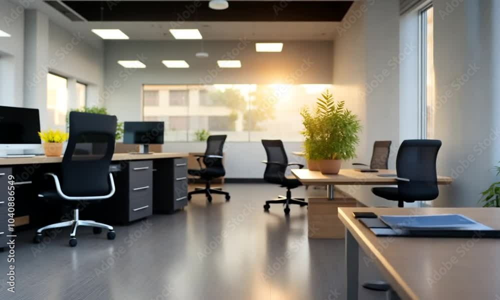 A potted plant sits on a desk in a modern office with a blurred background and warm sun light coming through the windows.