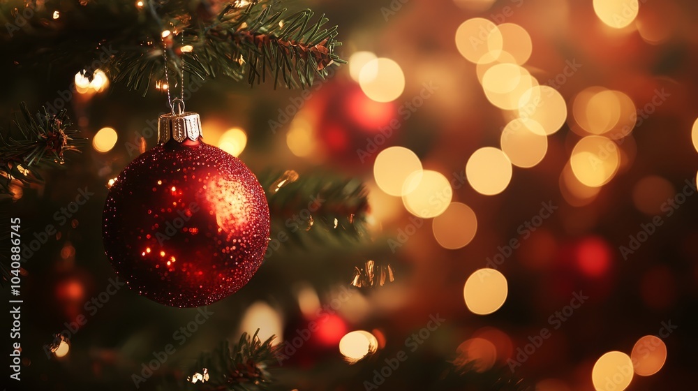 Classic red christmas ornament adorns a festive evergreen tree, radiating holiday spirit Classic red christmas ornament adorns a festive evergreen tree, radiating holiday spirit