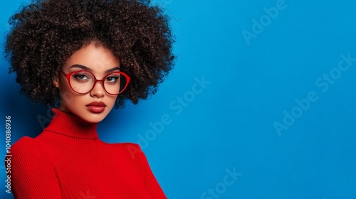 Portrait of a confident young woman with glasses and natural curly hairstyle confident