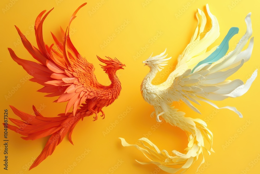 Fototapeta premium Two Colorful dragons are flying in the air