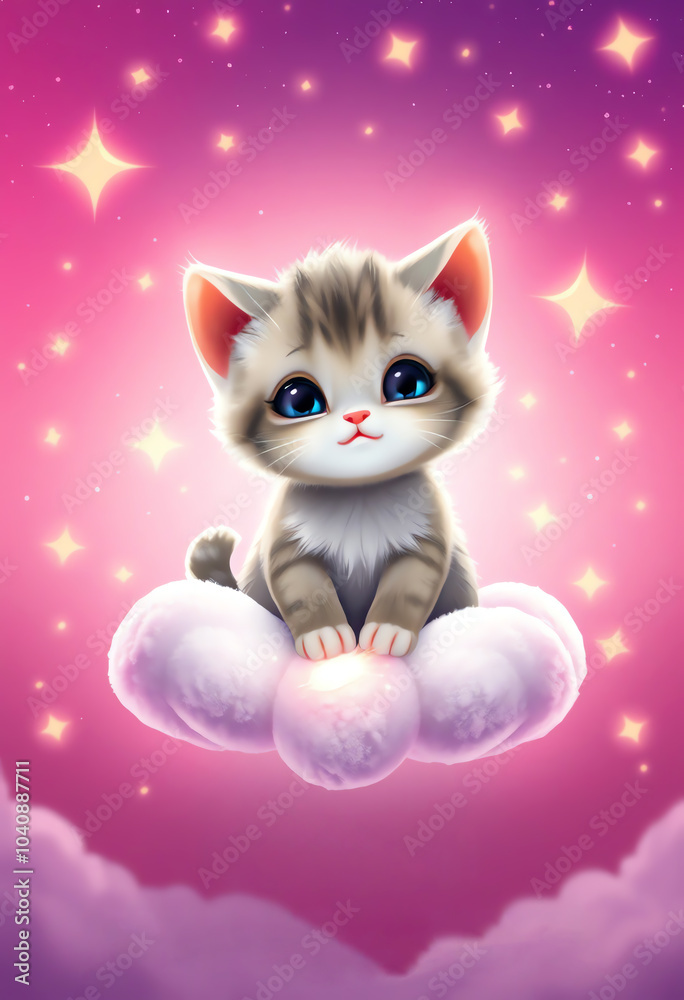 illustration of fluffy kitten sitting on cloud in pink background illustration of fluffy kitten sitting on cloud in pink background