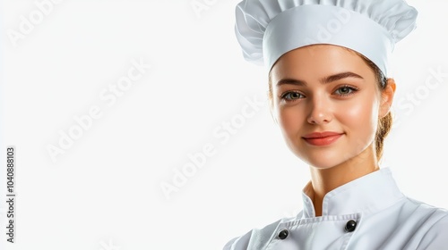 Smiling female chef in uniform, a portrait of culinary expertise and passion for food photo