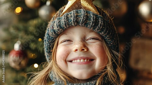 playful girl stick the golden star tree-topper on her wool cap, smiling with proud and joy, happy Christmas time