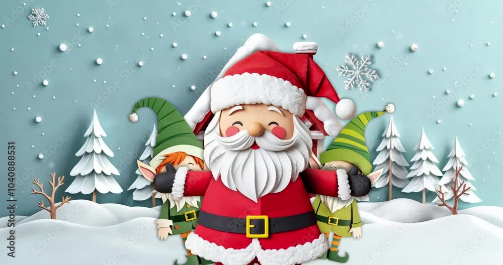 Cute Santa Claus at the North Pole with funny elves and reindeers in a snowy village. Paper cutout loop animation for Christmas Cute Santa Claus at the North Pole with funny elves and reindeers in a snowy village. Paper cutout loop animation for Christmas