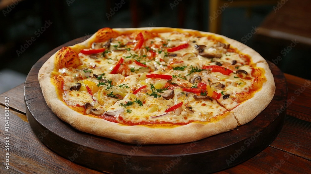 Colorful Pizza on Rustic Wooden Table Colorful Pizza on Rustic Wooden Table