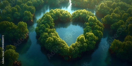 Aerial view of lush green mangrove trees arranged in a heart shape, surrounded by tranquil blue water, creating a serene and romantic atmosphere.