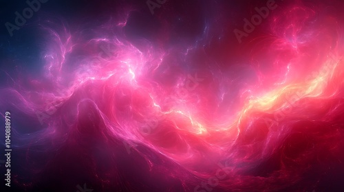 Abstract cosmic background with swirling pink, red, and yellow nebulae.