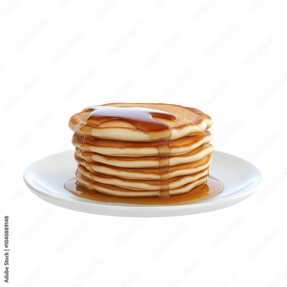 A stack of pancakes with syrup, breakfast element, 3D rendering, realistic style, isolated on white background A stack of pancakes with syrup, breakfast element, 3D rendering, realistic style, isolated on white background