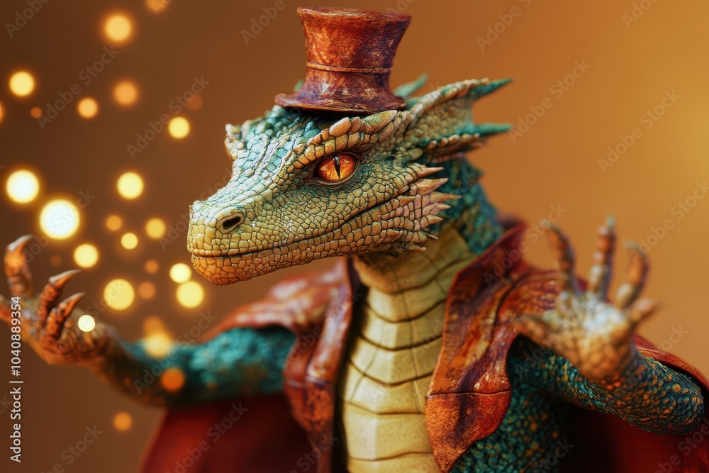 A green dragon with a red hat and a red cape A green dragon with a red hat and a red cape