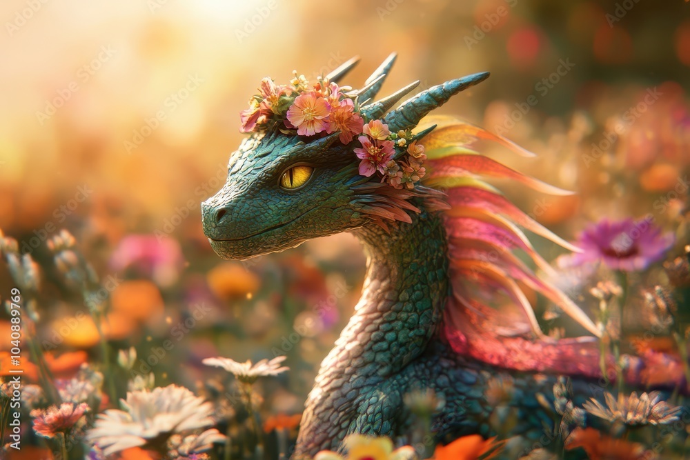 Obraz premium The dragon's bright colors and the vibrant flowers create a cheerful