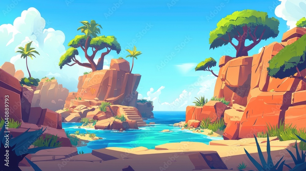 Obraz premium Tropical Cove Surrounded by Lush Green Trees and Red Cliffs
