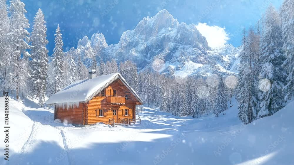 A cozy wooden cabin surrounded by snow-covered mountains and trees in a winter landscape. Seamless looping 4k video animation background A cozy wooden cabin surrounded by snow-covered mountains and trees in a winter landscape. Seamless looping 4k video animation background