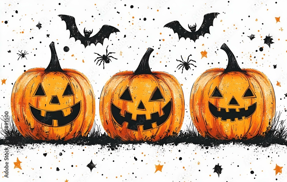 Spooky Group of Pumpkins Surrounded by Bats and Spiders.
Spooky Group of Pumpkins Surrounded by Bats and Spiders.
