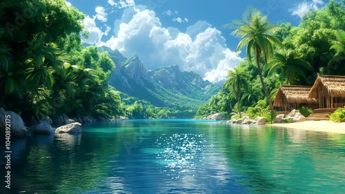 A serene tropical landscape with mountains, palm trees, and a tranquil river. Seamless looping 4k video animation background 