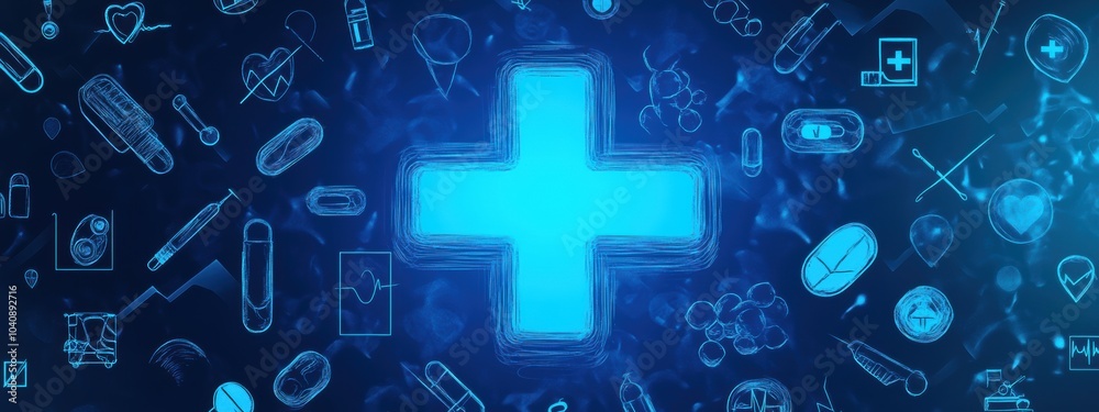 Blue medical cross with abstract health icons, symbolizing care, wellness, and medical services in a modern design. Blue medical cross with abstract health icons, symbolizing care, wellness, and medical services in a modern design.