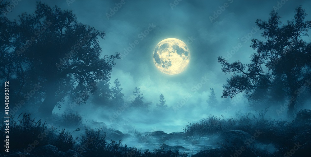 Fototapeta premium Serene Moon in the Sky with Silhouetted Trees. 