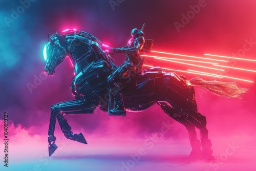 A horse is riding a robot with a sword and a glowing head