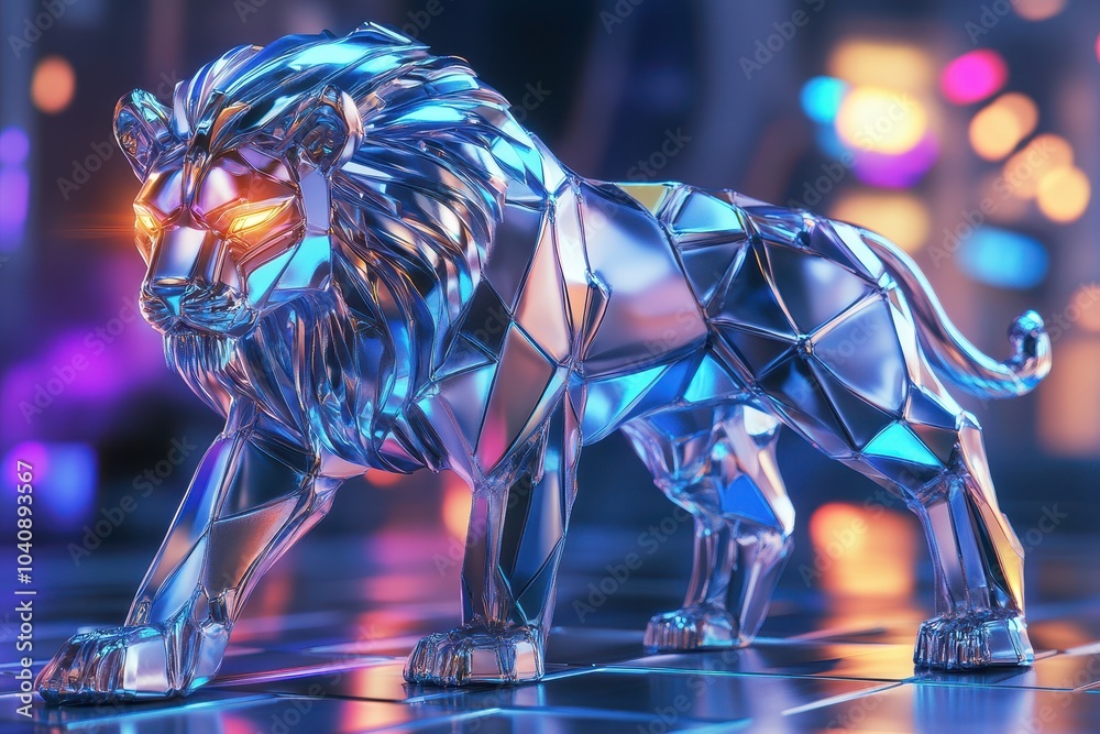Fototapeta premium A robot lion with red glowing eyes stands in front of a cityscape