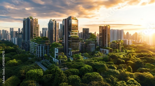 Fototapeta Naklejka Na Ścianę i Meble -  Modern city skyline with lush green trees