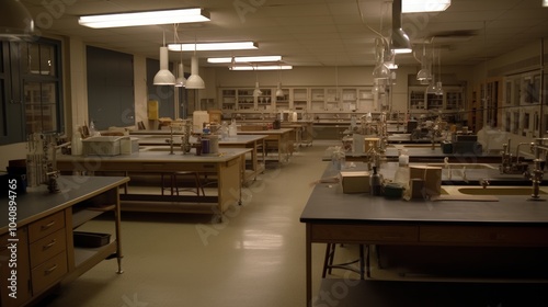 Empty Science Laboratory with Workstations and Equipment