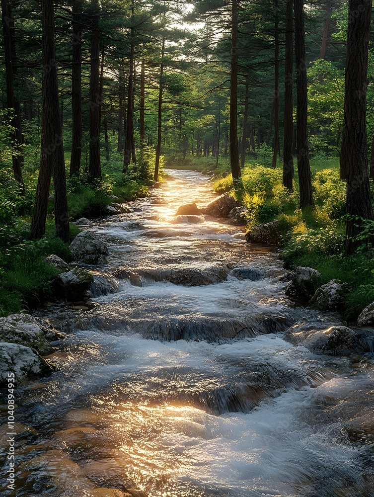 Fototapeta premium A serene view of a flowing river through a lush forest, with sunlight filtering through the trees, creating a peaceful and tranquil atmosphere.