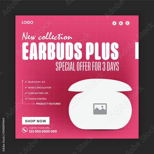 Black Friday super sale social media banner template and an advertising poster for new earbuds.
