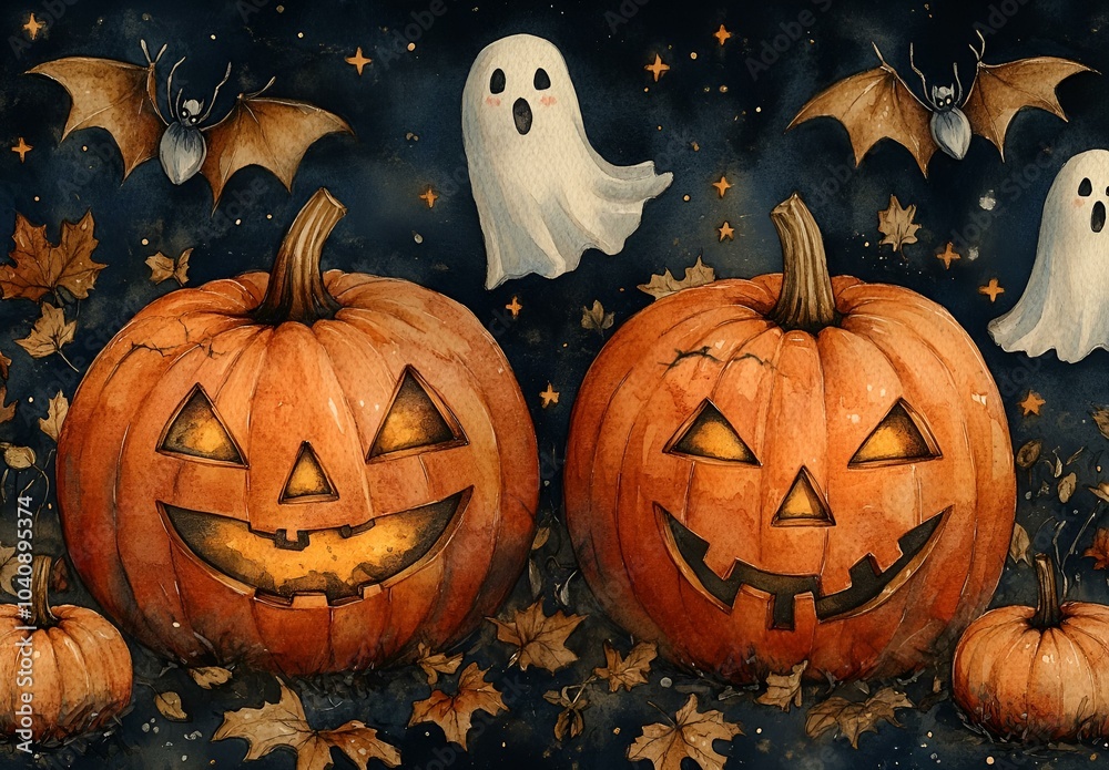 A Pair of Pumpkins with a Ghost and Bats.
A Pair of Pumpkins with a Ghost and Bats.