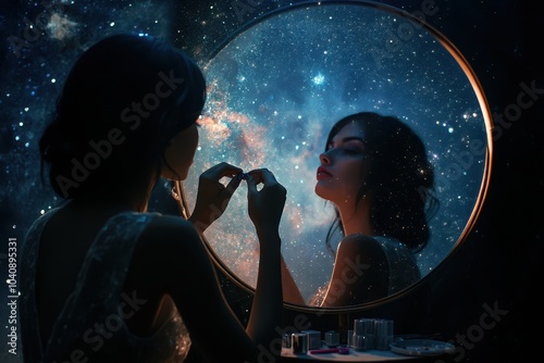 A woman is looking into a mirror and the reflection of the stars is visible