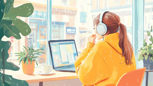 girl with headphones is sitting by window in cozy cafe, enjoying rainy day while working on her laptop. warm ambiance and soft rain create peaceful atmosphere