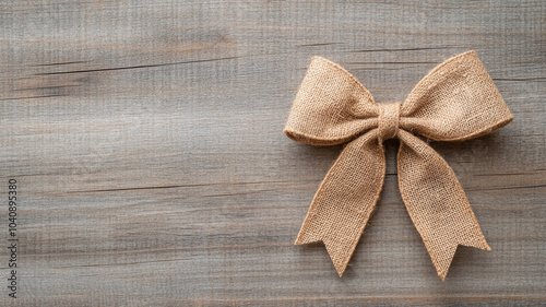 Rustic burlap Christmas bow on wooden background, perfect for festive decorations and holiday crafts. This charming bow adds warm touch to any setting