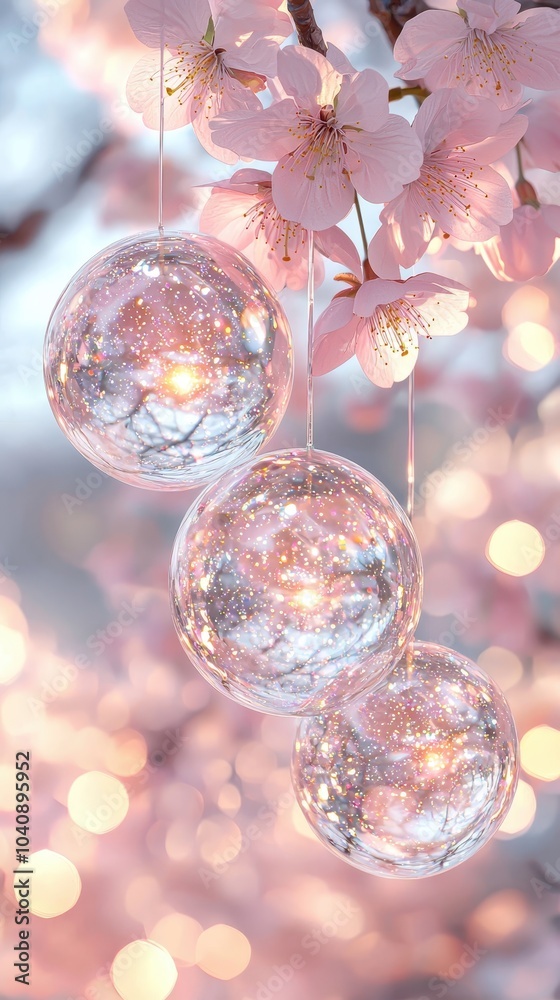 Delicate Glass Balls Among Cherry Blossoms