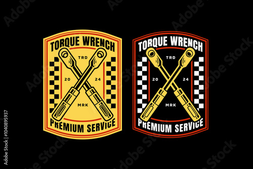 torque wrench tool crossed retro badge logo design for craftsman, mechanic. ratchet wrench tool crossed emblem logo collection for construction, carpenter, workshop, garage