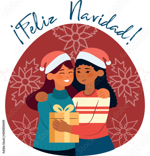 Dibujo Feliz navidad, mujeres dando abrazo y regalo sobre fondo rojo con flor de nochebuena