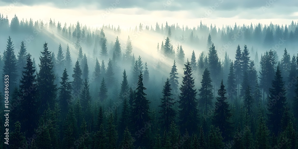 A serene view of dense evergreen trees shrouded in mist, with soft rays of light piercing through the fog, creating an enchanting forest atmosphere. A serene view of dense evergreen trees shrouded in mist, with soft rays of light piercing through the fog, creating an enchanting forest atmosphere.