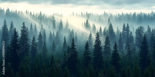 A serene view of dense evergreen trees shrouded in mist, with soft rays of light piercing through the fog, creating an enchanting forest atmosphere.