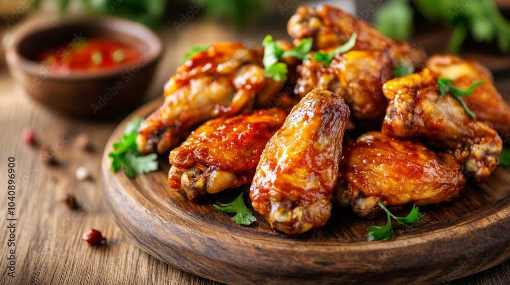 Delicious Chicken Wings on Rustic Wooden Plate Delicious Chicken Wings on Rustic Wooden Plate
