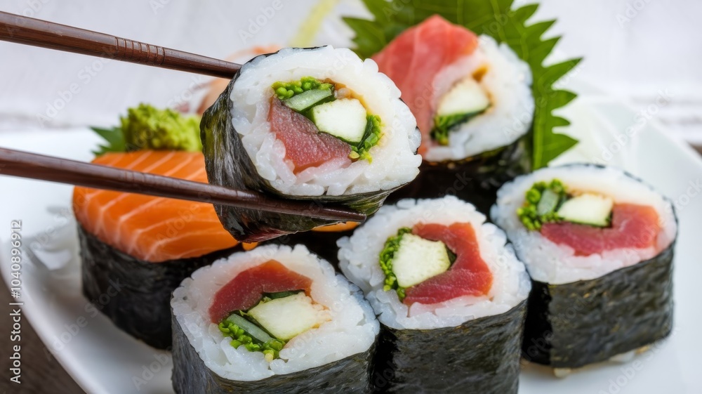 Sushi held by chopsticks with a simple white background backdrop Sushi held by chopsticks with a simple white background backdrop