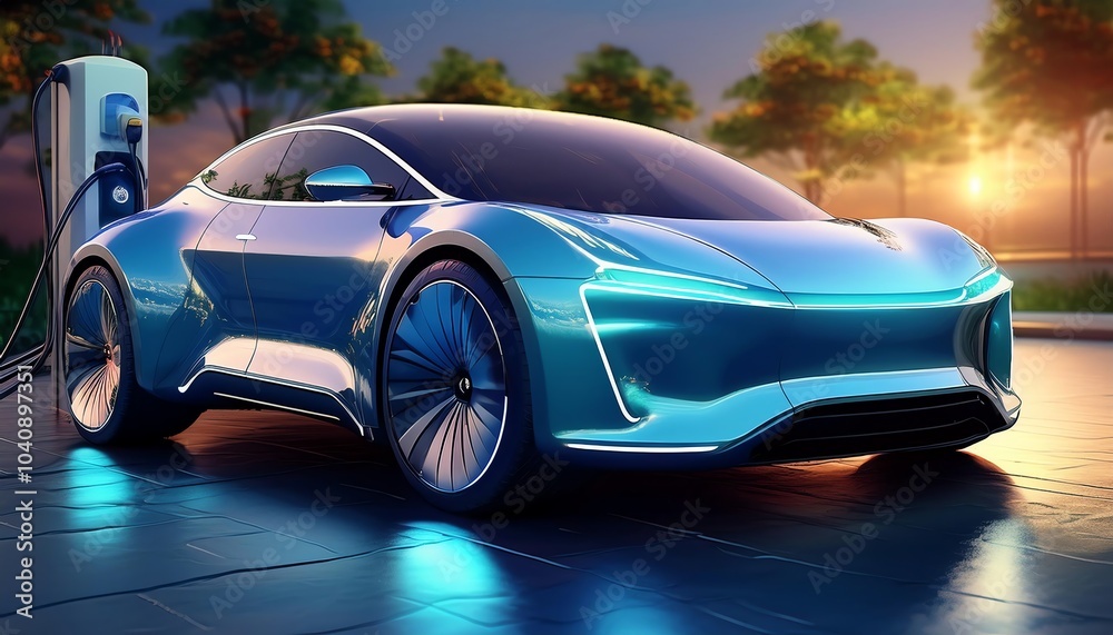 A futuristic electric car with sleek design is charging at a station, illuminated by ambient light in a scenic setting at dusk. A futuristic electric car with sleek design is charging at a station, illuminated by ambient light in a scenic setting at dusk.