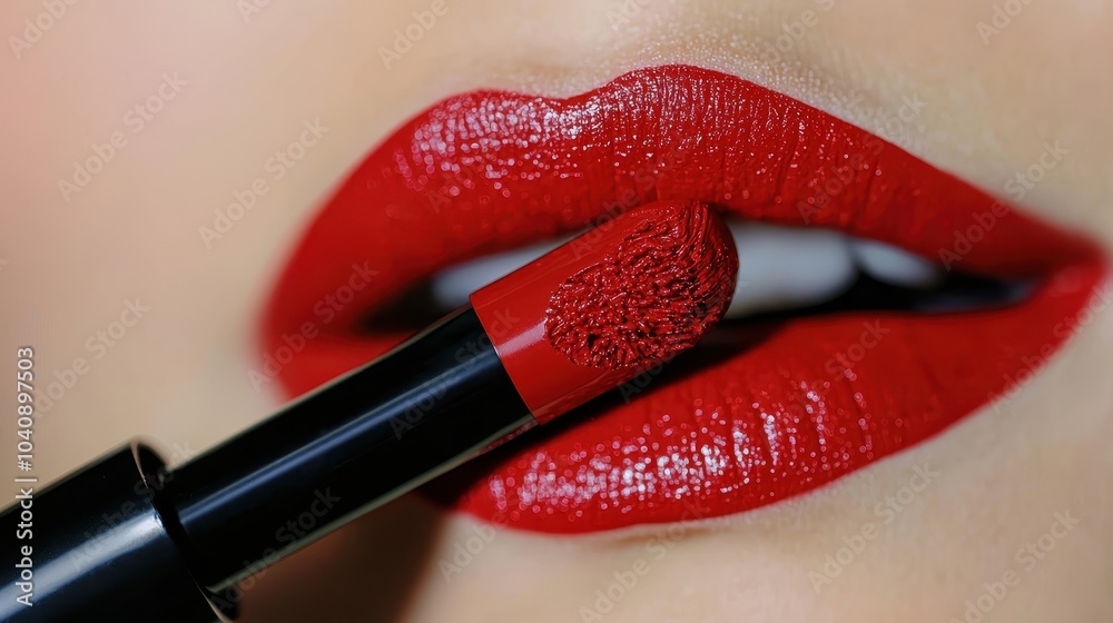 Obraz premium Bold Red Lipstick Application on Smooth Lips