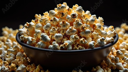 A bowl overflowing with freshly popped popcorn, against a dark background.