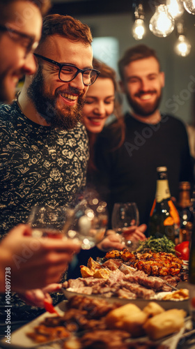 A group of people are gathered around a table with a variety of food and drinks, including wine and beer. They are all smiling and enjoying each other's company
