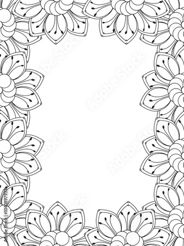 All these designs are hand-drawn and unique Flower Border is a Beautiful black-and-white illustration for adult coloring book, This is a printable Beautiful Zentangle Coloring page for KDP Interior,