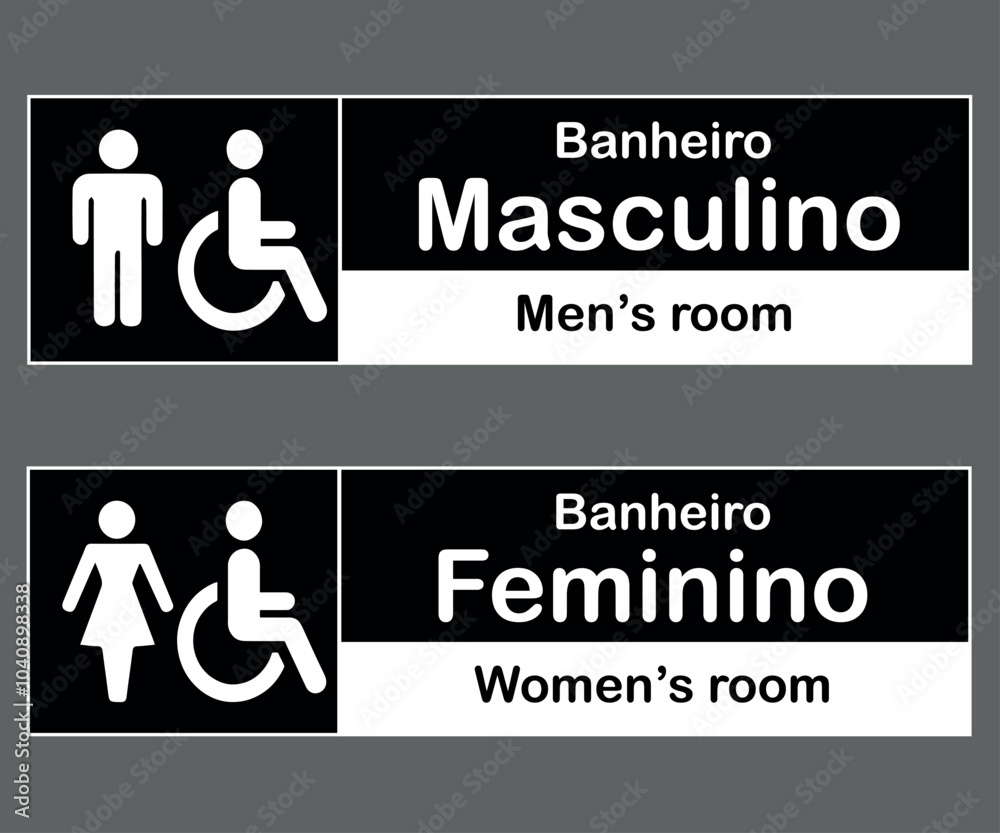 Placas Banheiro Horizontais Homem e Mulher. Formas Retangulares com Tradução em Inglês. Preto e Branco.