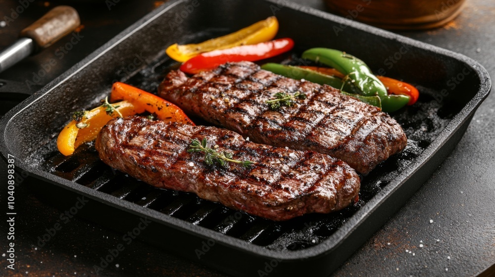 Grilled Steak and Vegetables on a Black Pan Grilled Steak and Vegetables on a Black Pan
