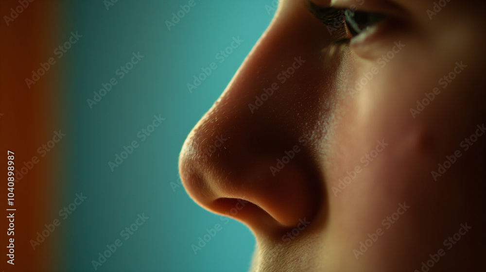 Close-up human nostril inhalation action, blurred background highlighting breathing detail. Close-up human nostril inhalation action, blurred background highlighting breathing detail.