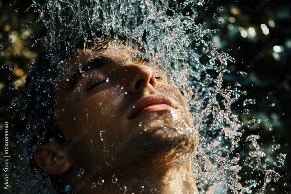Fototapeta premium A man is standing under a shower head and is enjoying the water