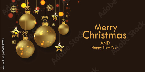 Merry Christmas and Happy New Year Background with Hanging golden ball and star