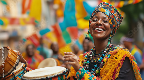 Black Awareness Day, street celebration with traditional dancing, big drums played with great enthusiasm, Ai generated images photo