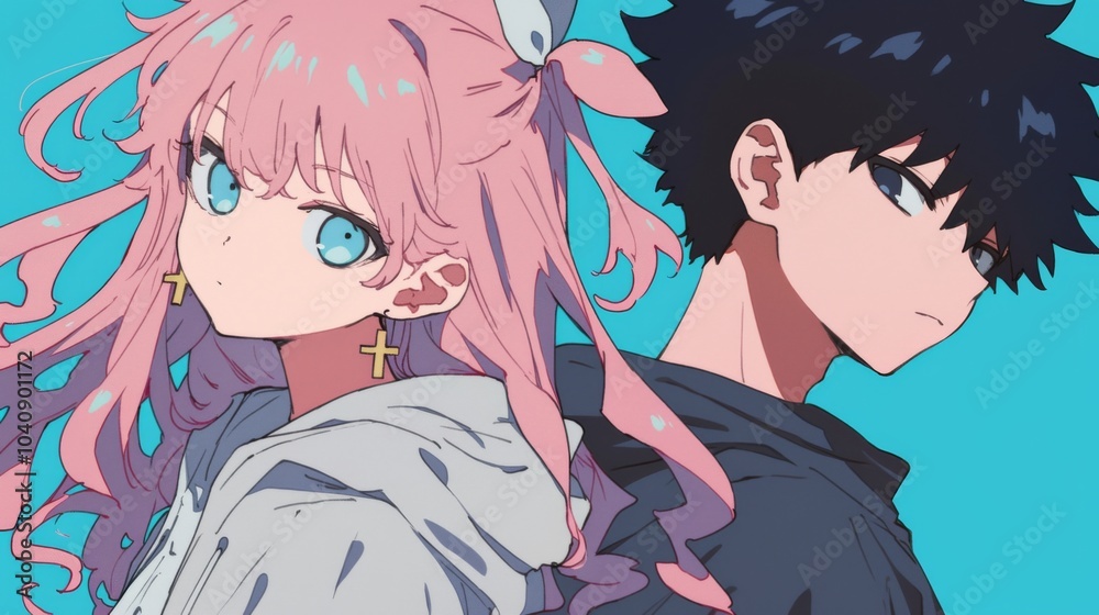 Two Anime Characters: Curly Pink-Haired Girl in Oversized Hoodie and Black-Haired Boy on Light-Blue Pastel Background Two Anime Characters: Curly Pink-Haired Girl in Oversized Hoodie and Black-Haired Boy on Light-Blue Pastel Background